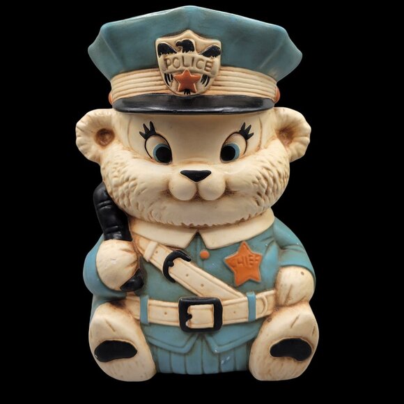 Hard to Find Twin Winton Cookie Jar Policeman Bear Collectors Series Blue Cream - Picture 1 of 11